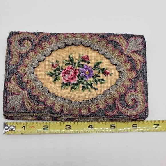 Rare Antique French Petit Point Embroidered Tapestry 19th Clutch Wallet Bag HTF - Picture 12 of 13